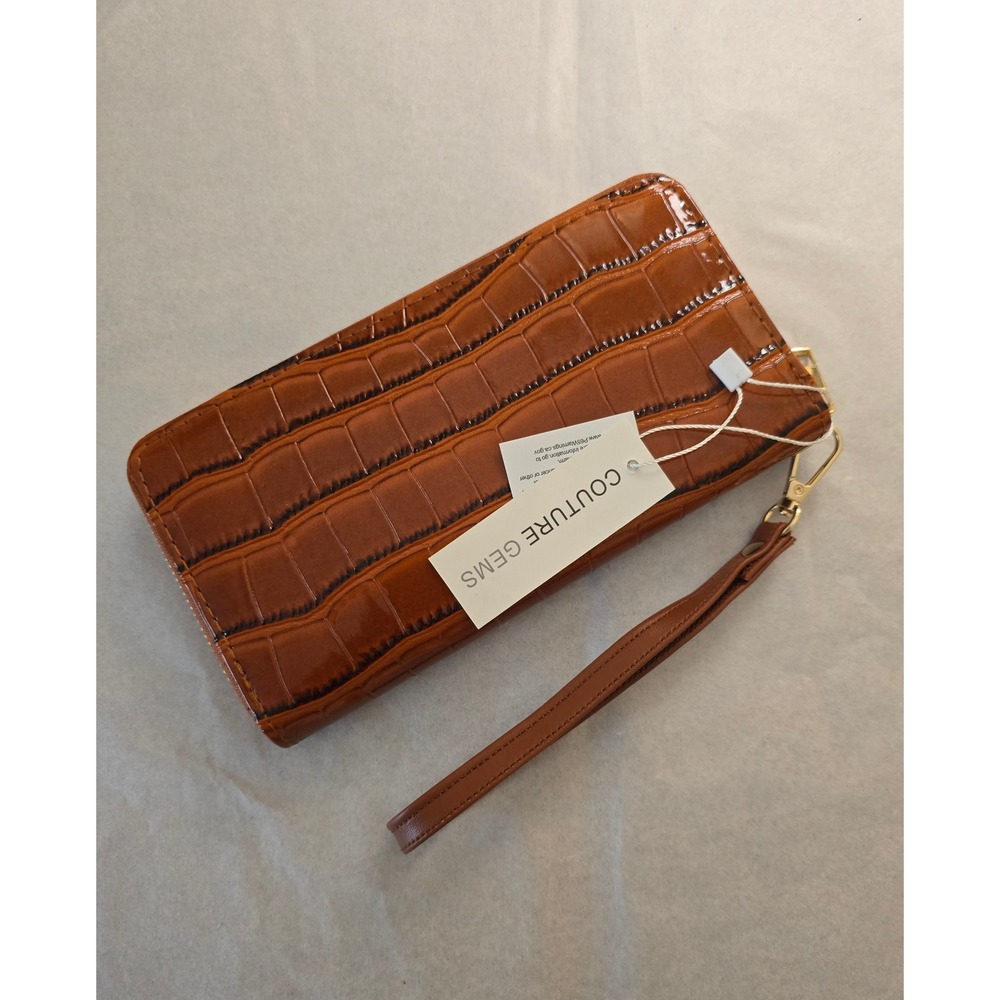 Couture Gems Cognac‎ Brown Croc Embossed Zip Around Wristlet Wallet NWT